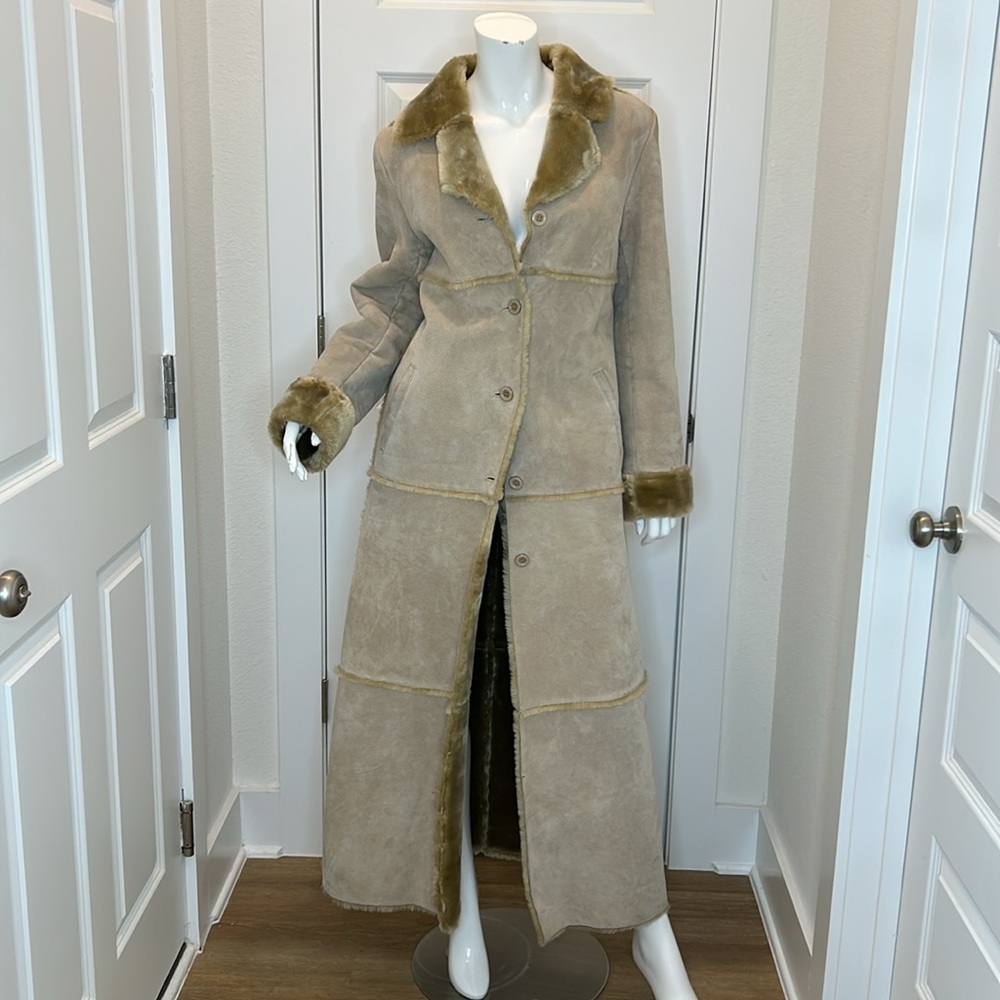 Brandon Thomas Vintage Penny Lane full length cream, suede leather coat. Size S